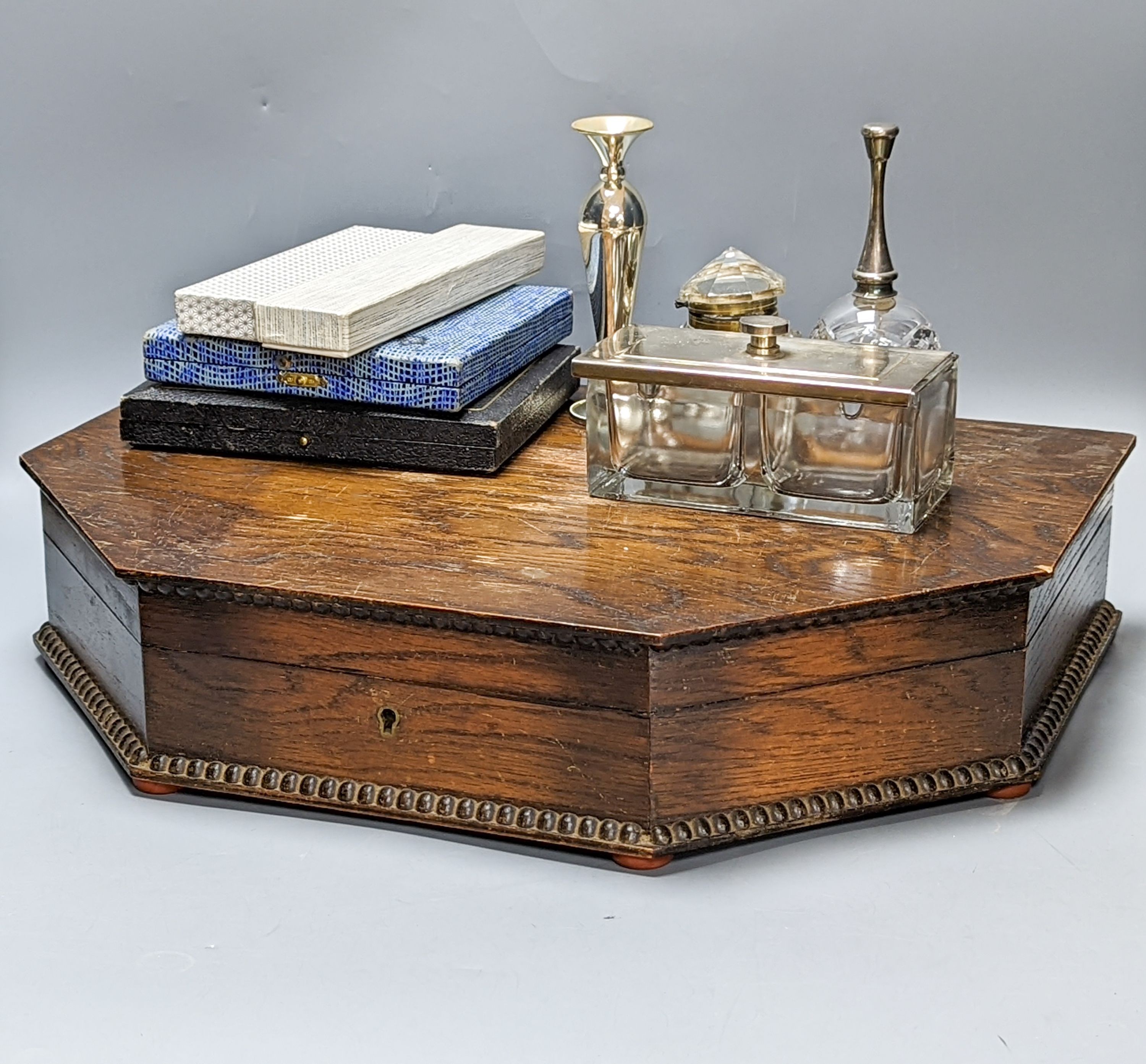 An oak cased canteen of mixed plated flatware together with other plated wares including 2 cased sets